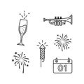 New Year Celebration Icons: Champagne, Trumpet, Fireworks, Rocket, Calendar Royalty Free Stock Photo