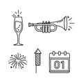 New Year Celebration Icons: Champagne, Trumpet, Fireworks, Rocket, Calendar Royalty Free Stock Photo