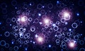Blue circle bubbles and water with bright light on dark background. shiny light on dark blue. Royalty Free Stock Photo