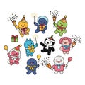 Cute Cartoon Characters Celebrating with Gifts and Fireworks Royalty Free Stock Photo