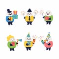 Cute Egg Characters Celebrating with Gifts and Fireworks Royalty Free Stock Photo
