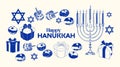 Vintage Blue Hanukkah Illustration with Menorah and Dreidels Royalty Free Stock Photo