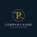 Initial letter p serif font text logo design, golden icon vector concept, circle round graphic vector template Royalty Free Stock Photo
