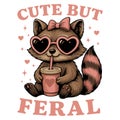 Cute But Feral Raccoon Heart Sunglasses Coffee Cute Animal Aesthetic Illustration Design Royalty Free Stock Photo