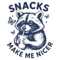 Snacks Make Me Nicer Funny Raccoon Eating Snack Cute Food Humor Cartoon Illustration Design Royalty Free Stock Photo