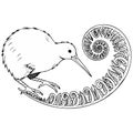 Stylized black and white illustration of a kiwi bird with a traditional Maori koru fern pattern, representing New Zealand\'s uniqu Royalty Free Stock Photo