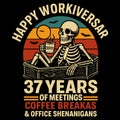 Happy Workiversary 37 Years Funny Skeleton Office Humor Coffee Break Design Retro Workplace Illustration Gift for Royalty Free Stock Photo