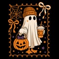 Cute Spooky Ghost With Coffee Halloween Cozy Fall Aesthetic Design Royalty Free Stock Photo