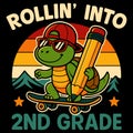 ROLLIN\' INTO 2ND GRADE fun school illustration with turtle skateboard Royalty Free Stock Photo