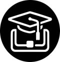 A graduation cap is placed on top of an open laptop, all presented as a white icon within a solid black circular background Royalty Free Stock Photo