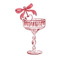 An artistic red line illustration of a coupe glass with a decorative bow-tied cherry Royalty Free Stock Photo