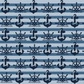 blue nautical stripe seamless pattern composed with anchor and wheels Royalty Free Stock Photo
