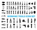 Vector set of tool silhouettes including hammer screwdriver wrench pliers scissors knife bolts and nuts icons for construction Royalty Free Stock Photo
