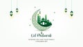 Eid Mubarak Banner Green Crescent Moon with Mosque Silhouette and Lantern â Islamic Greeting Design Royalty Free Stock Photo