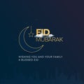 Eid Mubarak Gold Typography with Crescent Moon, Star and Night Sky Mosque Silhouette Background Royalty Free Stock Photo