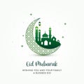 Green Crescent Moon with Mosque Silhouette and Lantern â Eid Mubarak Islamic Greeting Design Royalty Free Stock Photo