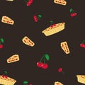 Cute Cherry Pie Slice Seamless Pattern on Dark Background in Cozy Dessert Illustration Royalty Free Stock Photo