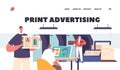 Print Advertising Landing Page Template. Printshop or Printing Service Center with Men and Women Working with Offset