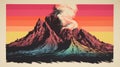 Psychedelic Mountain Poster Print With Volcanos And Smoke At Sunset