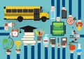 Back to school concept design flat set with school bus and school supplies. Flat school icon Royalty Free Stock Photo
