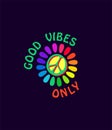 Print for bag, kids girl tee, hoody t shirt, hippie poster with good vibes only slogan, daisy in rainbow color and peace sign