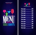 Bar design menu. Drinks, cocktails, aperitifs wines, shots menu