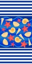 Print for beach towel with blue marine stripes, oceanic waves and starfish and seashells on dark cobalt background. Print