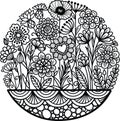 Beautiful abstract flowers inside circle shape for design element and adult coloring book pages