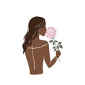 Beautiful woman in boho style with a rose stands with her back. Stock vector illustration isolated on white background.