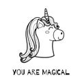 You are magical black and white print for kids with a cute unicorn. Poster with a magic horse
