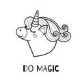 Do magic black and white print for kids with a cute unicorn. Poster in outline with a magic horse