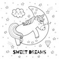 Sweet dreams black and white print with a cute unicorn sleeping on the Moon