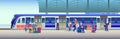 Boarding Train at the Railway Station - Flat Vector Illustration Background. People get on train from platform