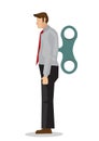 Businessman with winder in his back. Concept of weak worker or robot employee.