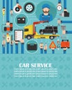 Car service online call flat design with wrecker car and mechanic