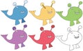 Print cartoon doodle color whale monster set hand draw happy Royalty Free Stock Photo