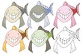 Print cartoon doodle fish shark monster color set hand draw happy Royalty Free Stock Photo