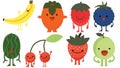 Print cartoon doodles summer color set citrus fruit flat berries monster