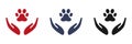 A print of a cat\'s paw in hand. Set of icons. Taking care of animals