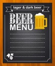 Chalk blackboard beer menu, empty space for text. Wood background Royalty Free Stock Photo