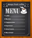 Chalk blackboard coffee menu list, empty space for text. Wood background