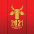 Chinese new year 2021 with gold head ox zodiac sign on red chinese culture texture background Royalty Free Stock Photo