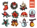 Christmas and happy New Year collection of sketch vector icons