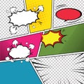 Comic book page template with radial halftone effects and rays in pop-art style. Colorful empty background. Royalty Free Stock Photo