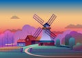 Countryside evening landscape with mill and farm on meadow, trees and forest on background - flat vector illustration