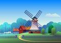 Countryside landscape with mill and farm on meadow, trees and forest on background - flat vector illustration Royalty Free Stock Photo