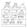 The cupcake group with many emotions. doodle lines of vector illustration