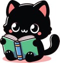 Cute black cat reading a book clip art illustration isolated on transparent background Royalty Free Stock Photo