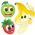 Cute cartoon fruit: Apple, strawberry and banana