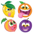 Cute cartoon fruit characters: Lemon, orange, peach or nectarine and plum.